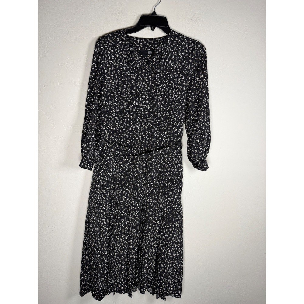 JADE Women's Black Floral Midi Dress Long Sleeve V Neck Belted Pleated